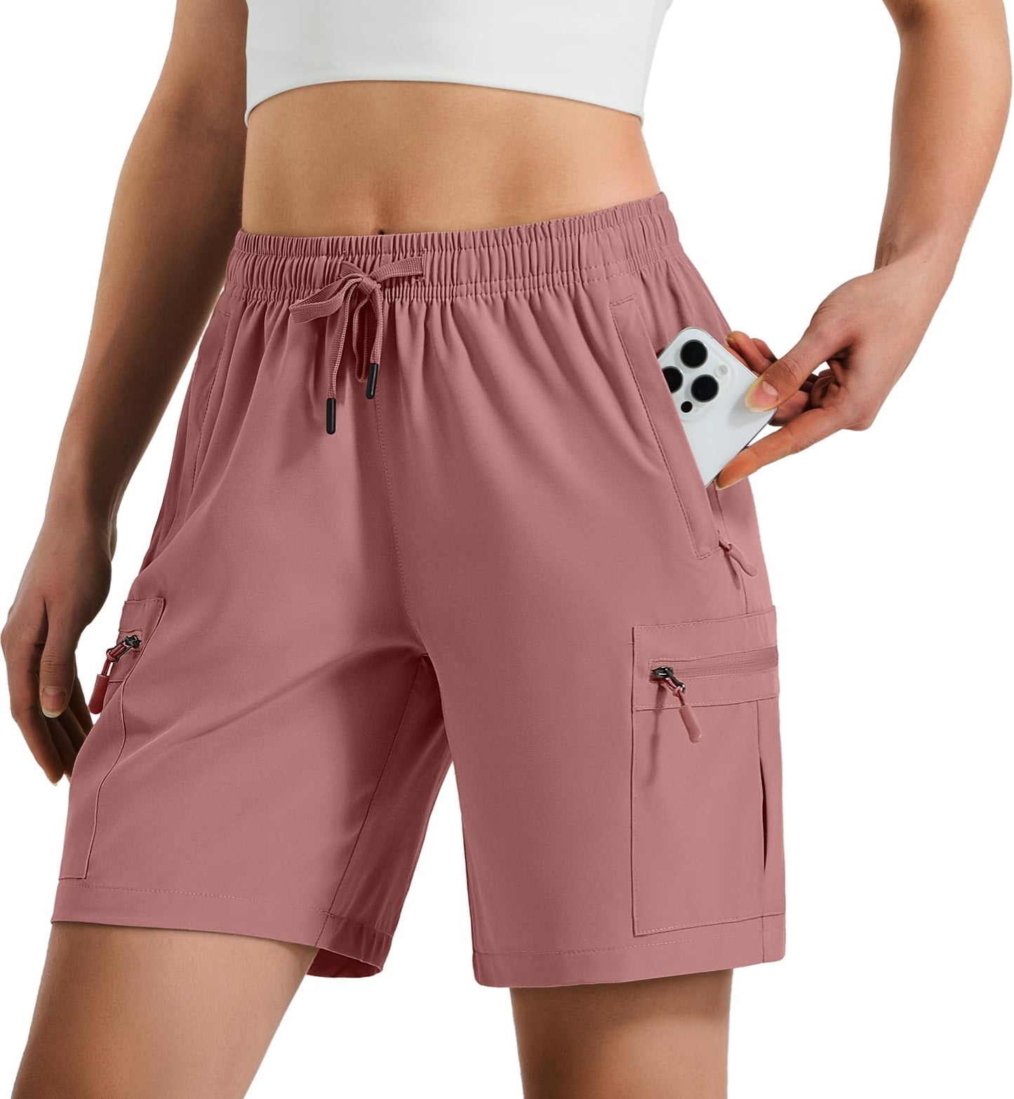 Hugut Women's Lightweight Hiking Cargo Shorts Quick Dry Athletic Shorts Camping Travel Golf Zipper Pockets Water Resistant Dusty Pink