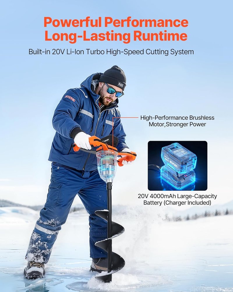 VEVOR Electric Ice Auger - 8 Inch Diameter, 20V/40V Battery Powered, Turbo Cutting System | 2-in-1 Ice Fishing & Earth Auger