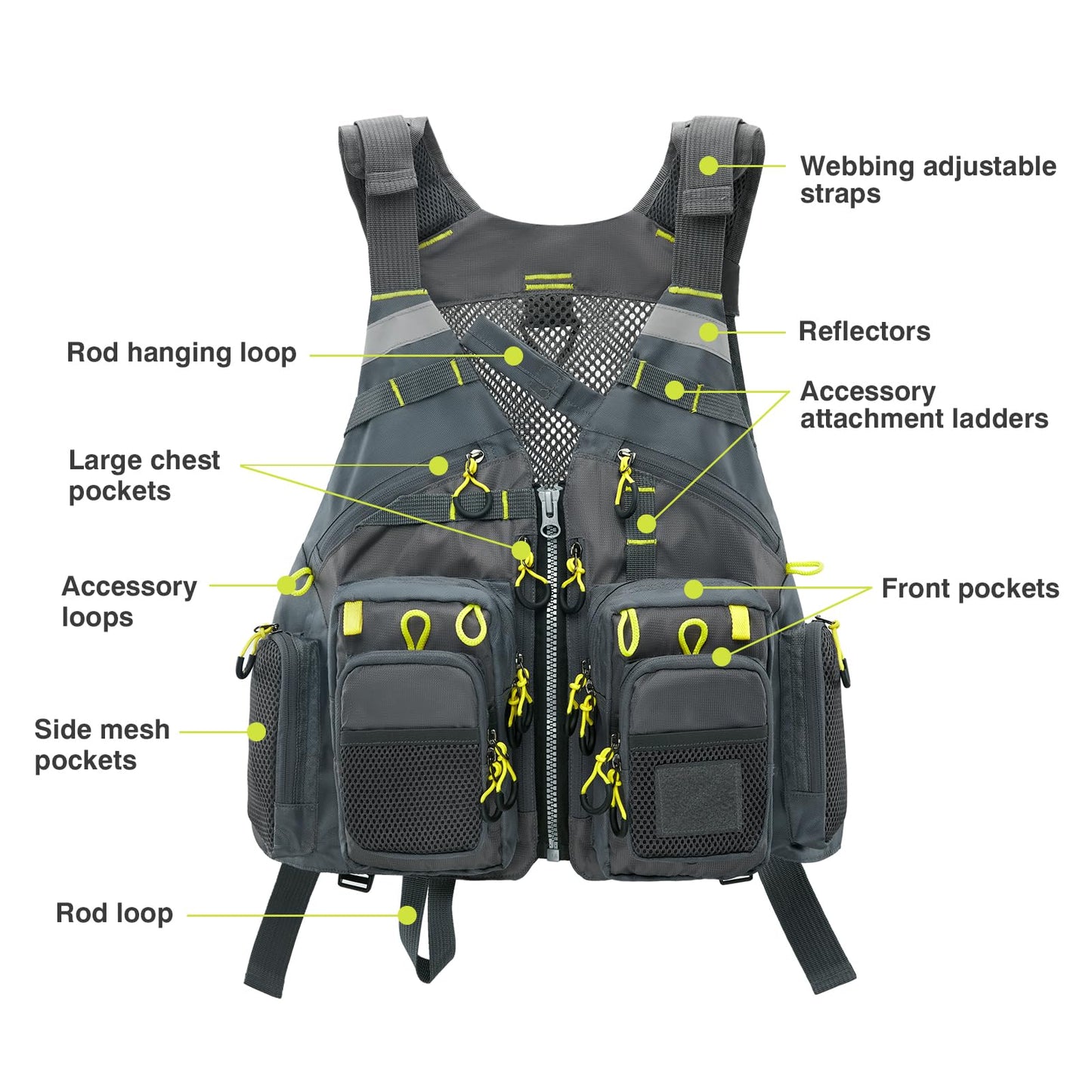 Gonex Fly Fishing Vest for Men Women, Comfortable Adjustable Fishing Vest with Multi-Pockets Reflective Stripes, Gray+Yellow