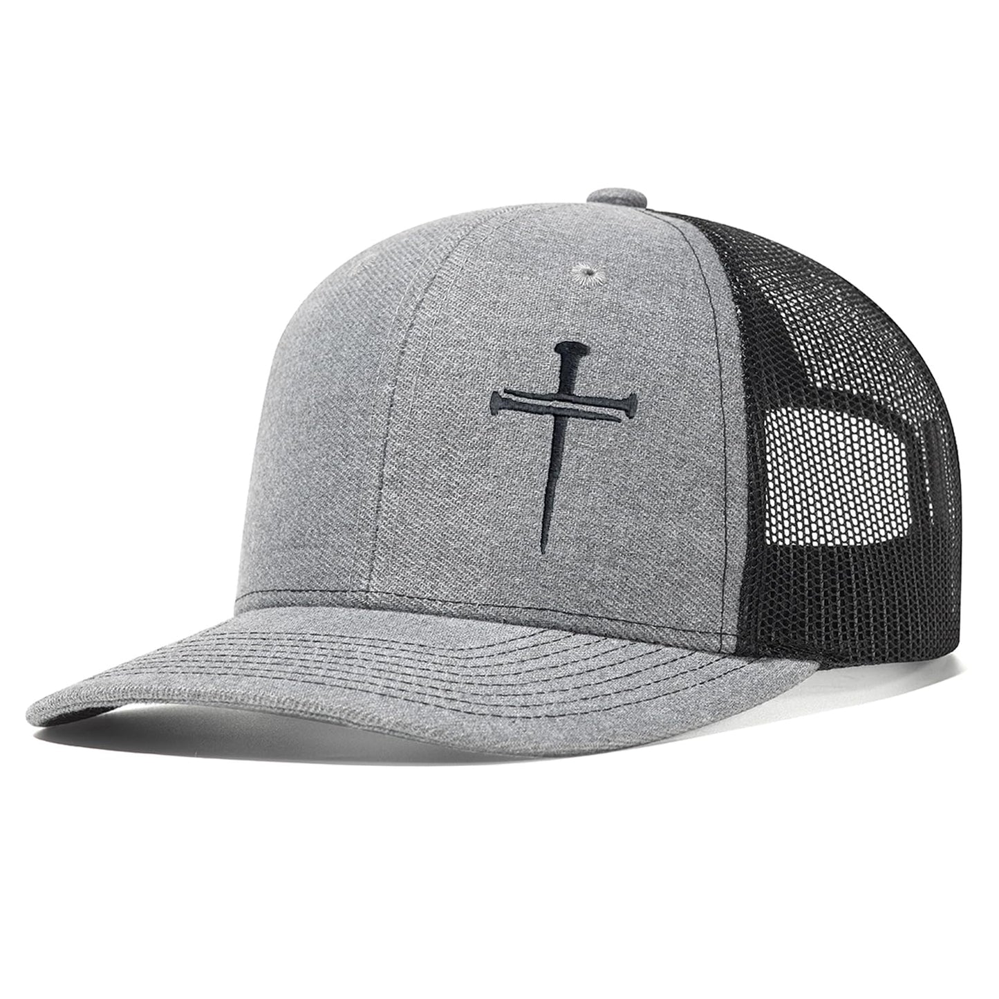 Bukesiyi Christian 3 Nails Cross Trucker Hats for Men Women,Faith Three Nail Cross Gift Baseball Cap with Embroidered Adjustable Snapback for Dad Mom,Mesh Grey Black