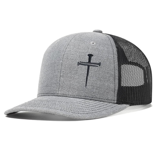 Bukesiyi Christian 3 Nails Cross Trucker Hats for Men Women,Faith Three Nail Cross Gift Baseball Cap with Embroidered Adjustable Snapback for Dad Mom,Mesh Grey Black