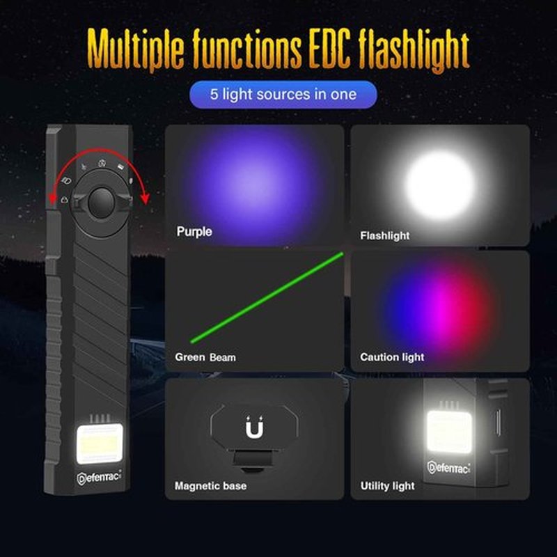 DEFENTAC 1300 Lumens Aluminum EDC Flashlight with Green Beam, Purple LED, Utility and Caution Light, Rechargeable Portable Pocket Light with Strobe, Five Lights in One for Emergency