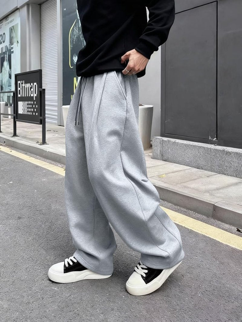 Drantren Men's Baggy Sweatpants Fashion Wide Leg Casual Sweat Pants Cotton Drawstring Stretch Joggers with Pockets Grey