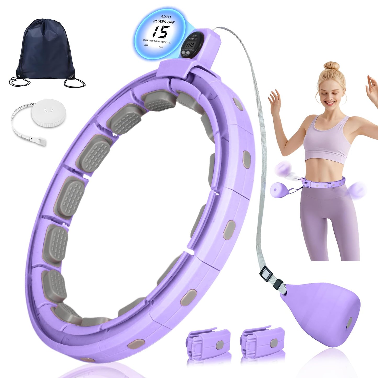 Smart Silent Weighted Fitness Hoop with Counter, Adjustable 30"-50" Infinite Exercise Hoop - A Spinning Hoop for Waist & Adult Weight Loss, for Women & Beginners (Purple)