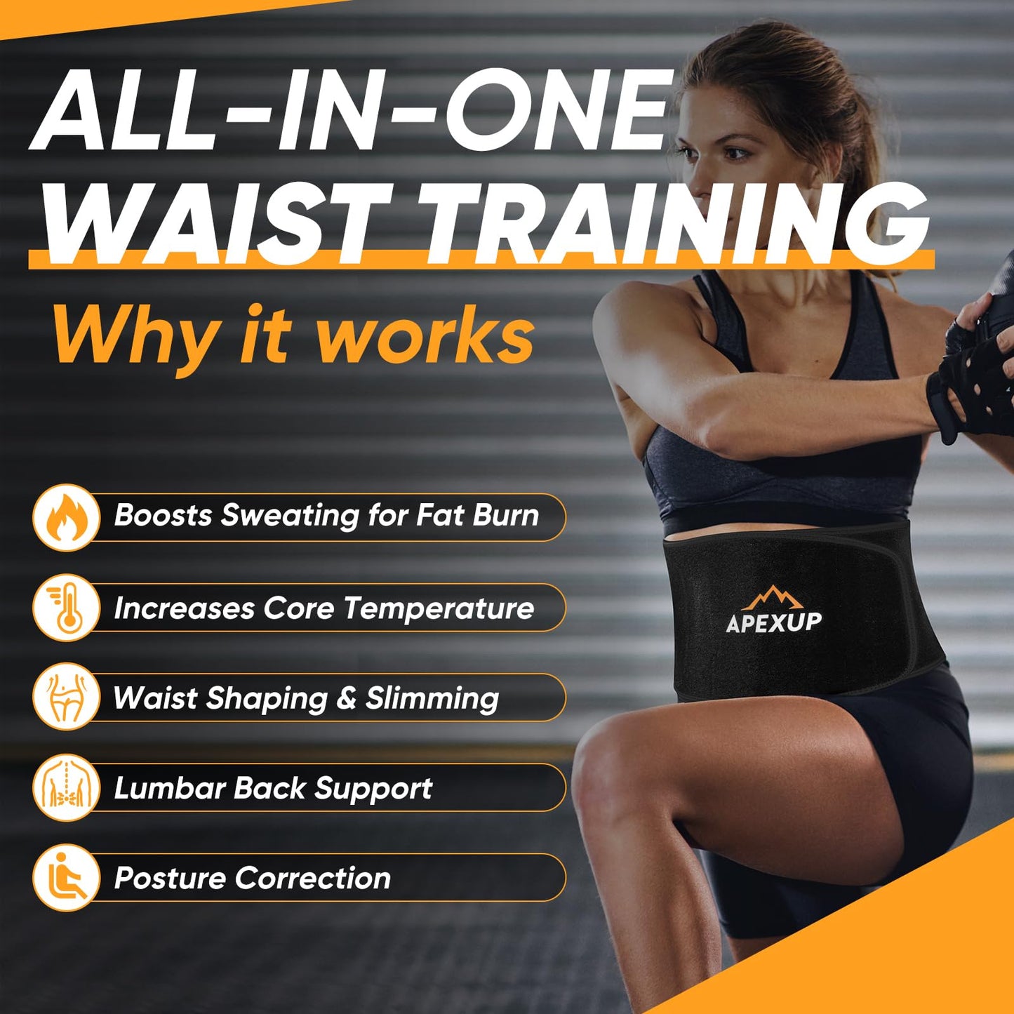 APEXUP Waist Trainer for Women Lower Belly Fat, Men Sweat Band, Stomach Wrap, Waist Trimmer with Removable Lumbar Support Bar for Workouts (Black, M)