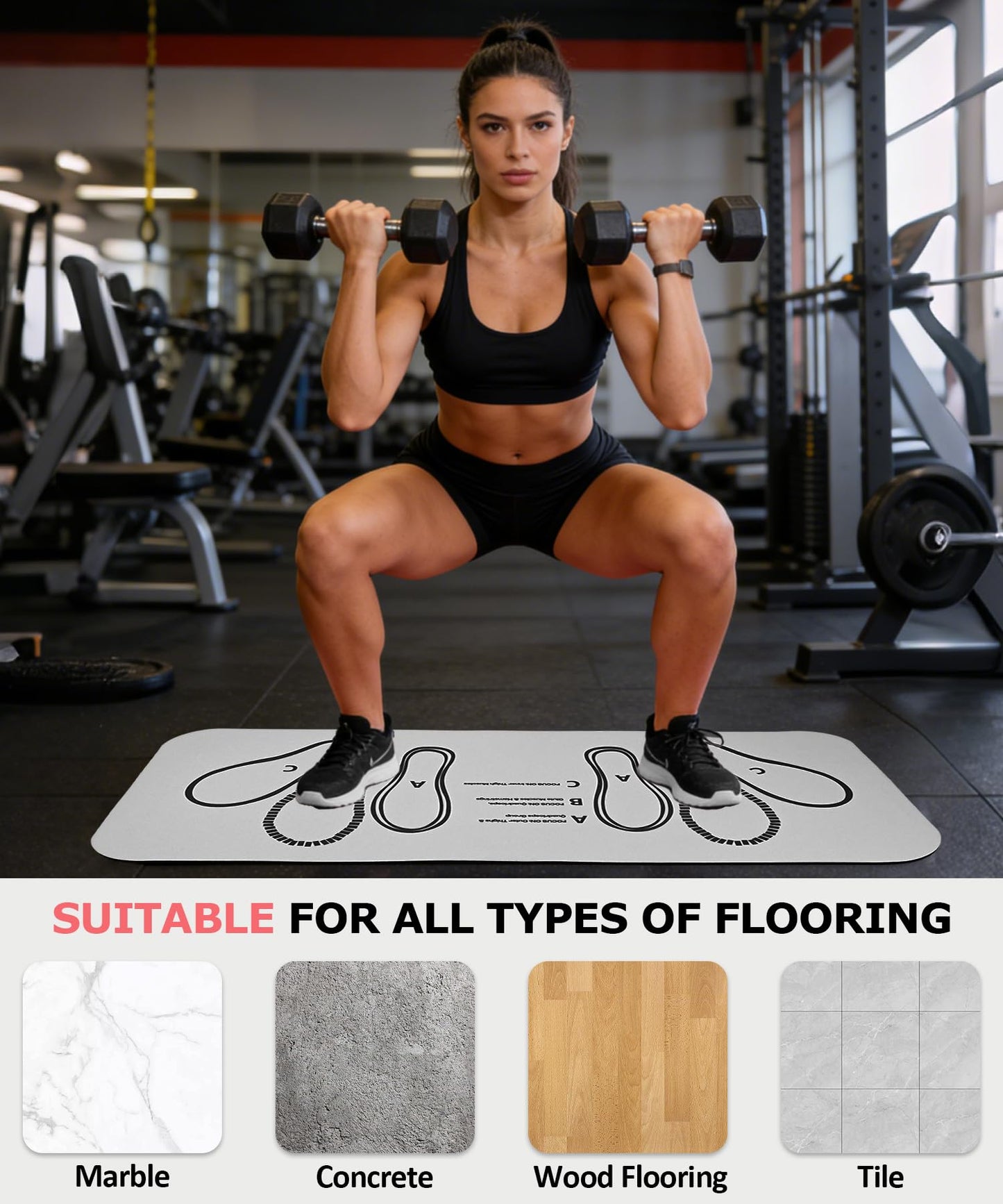 Squat Mat with Foot Position,Large Non-Slip Squat Target Pad， Pad 31.5'' X13.8'',6mm Thickness Squat Mat Foot Positioning, Exercise Mat for Squats, Leg and Abdominal Workouts