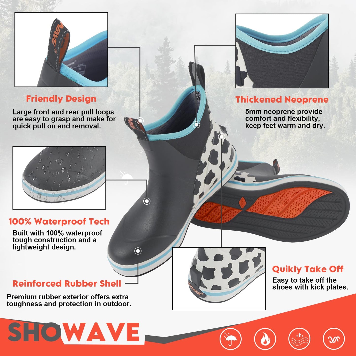 Showave Women's Deck Boots Waterproof Ankle Rain Boots for Gardening, 7