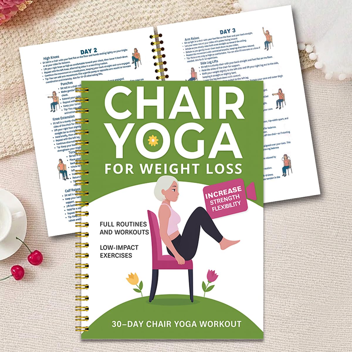 Chair Yoga for Seniors Over 60 Book & Chart, Chair Yoga for Weight Loss & Toning, 30-Day Challenge, Exercise Book for Seniors over 60 (Green)