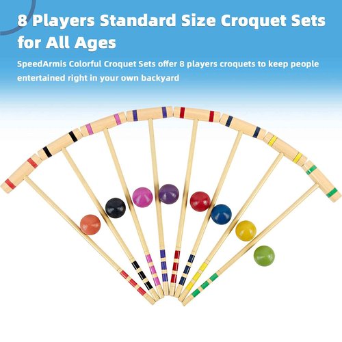 SpeedArmis 28In Croquet Party Set for 8 Players - Made of Long-Lasting Pine Wood, Family Fun for Backyards, Camping and More, Comes with Colorful Mallets, PE Balls, Wickets, Stakes, and Carrying Bag