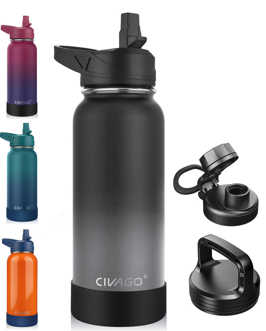 CIVAGO 32 oz Insulated Water Bottle With Straw, Stainless Steel Sports Water Cup Flask with 3 Lids (Straw, Spout and Handle Lid), Wide Mouth Travel Thermal Mug, Dreamy Black Gray