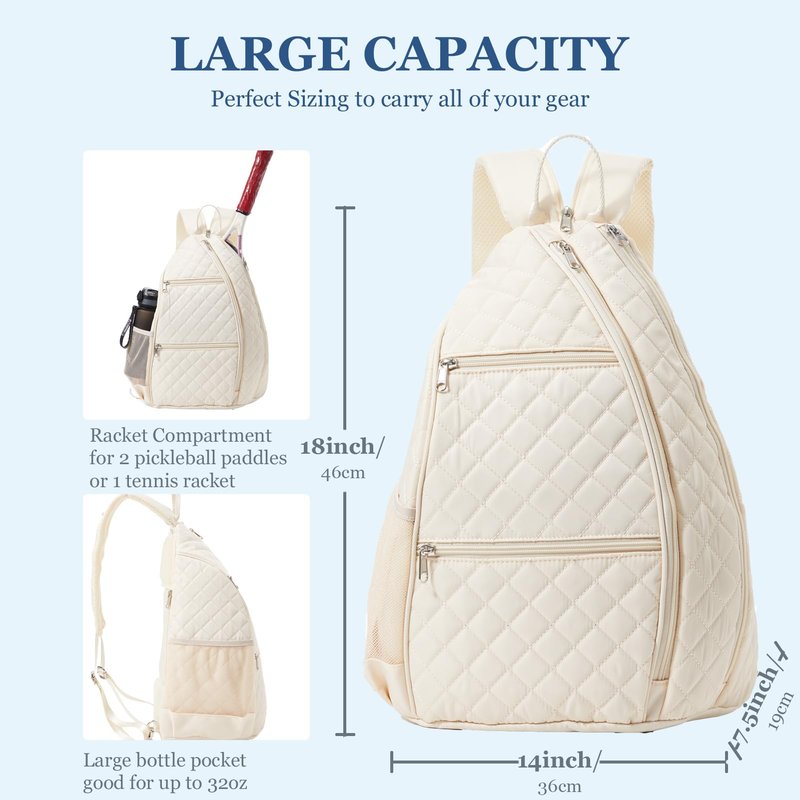 LANBX Pickleball Bag, Pickelball Sling Backpack Crossbody Quilted Bags for Men Women, Holds Pickleball Paddle Tennis Badminton Rackets (Beige)