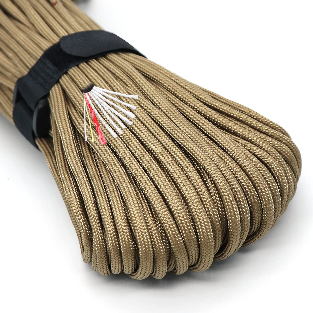 Survival Paracord Rope PSKOOK 100 Feet Fire Starter Parachute Cord 7-Strand Nylon with Red Tinder Cord PE Fishing Line Cotton Thread for Outdoor Lanyards, Bracelets, Handle Wraps (Khaki)