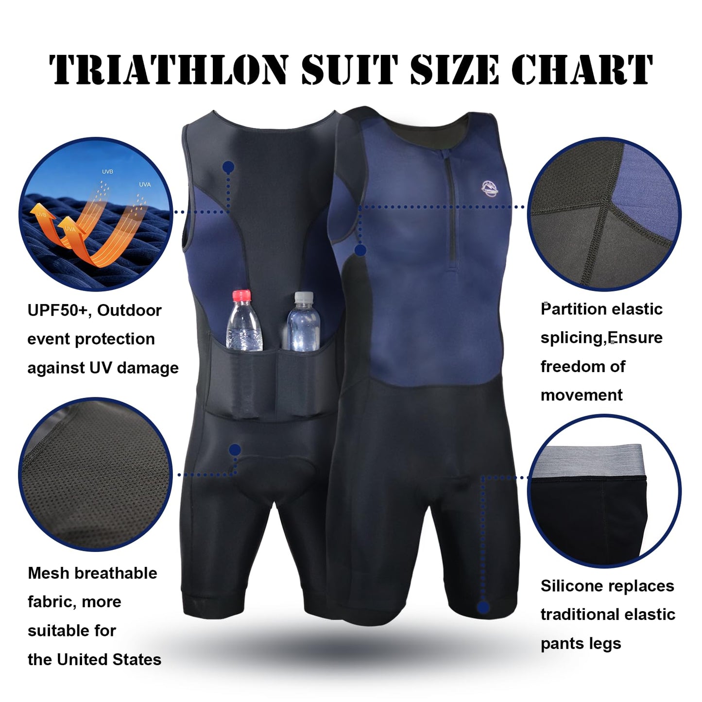 Performance Men's Triathlon Suit， Quick-Dry, Breathable & Lightweight Tri, Ideal for Swimming, Running, and Cycling (US, Alpha, Medium, Regular, Regular, Dark Blue)