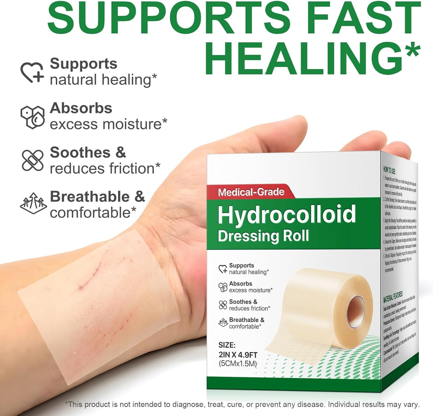 Hydrocolloid Roll - Hydrocolloid Bandages for Wound Care | Ultra Absorbent, Waterproof, 2in x 4.9ft (Beige)