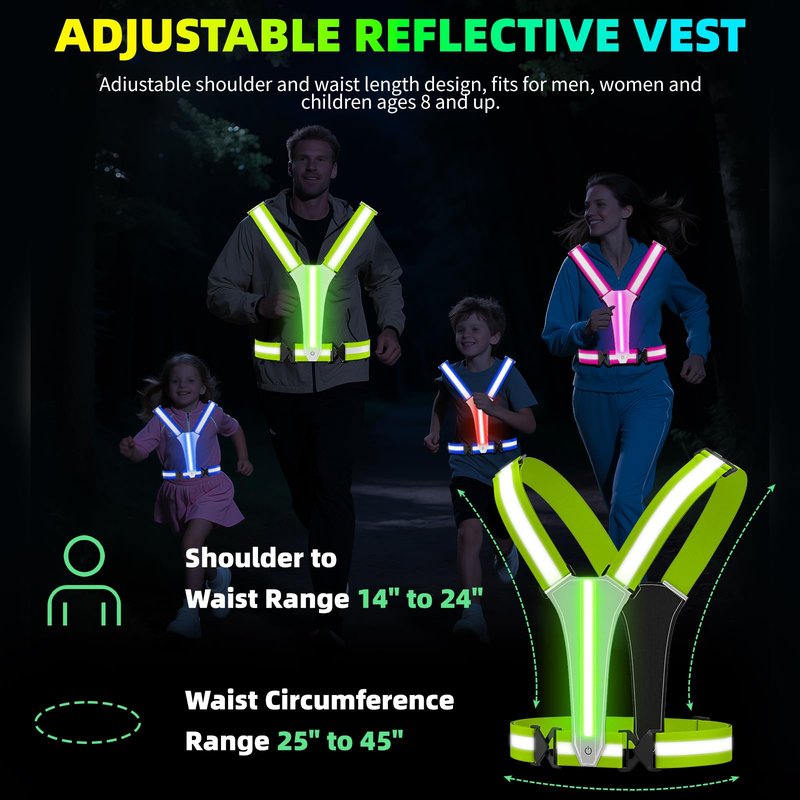 ConKrian LED Reflective Vest Running Gear, 5 Lights Colors, 3 Modes, Adjustable for Running, Cycling, Walking - Led Running Vest for Men, Women, Kids(Pink)