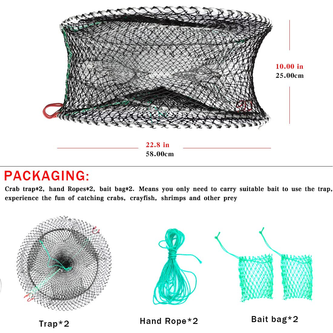 Drasry Crab Trap Bait Lobster Crawfish Shrimp Portable Folded Cast Net Magic Collapsible Fishing Traps Nets Accessories for Blue Crabs 2PCS (23 in * 9.8 in) Green (0.61 in Mesh)