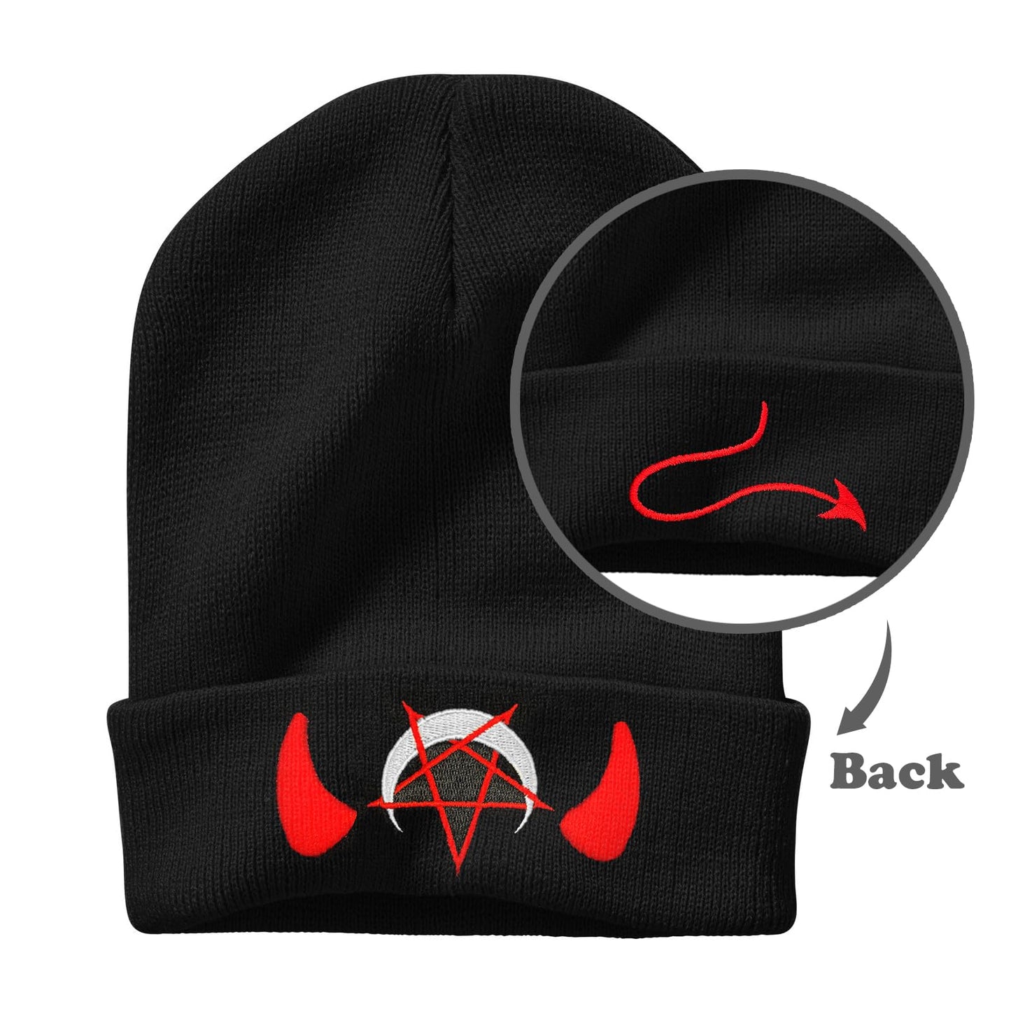 Goth Spooky Horror Demon Devil Horned Embroidery Beanie Black Knit Hat for Men Women, Casual Skull Knit Cap