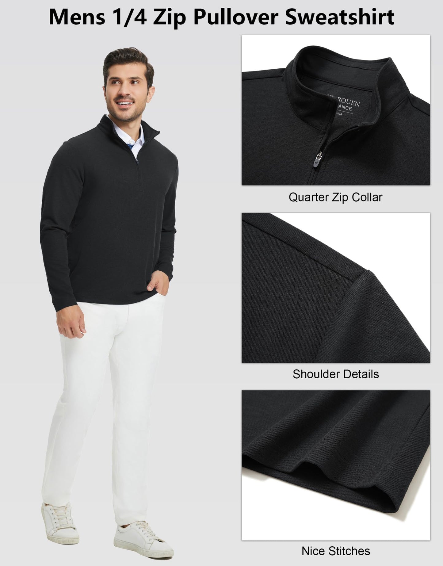 Rouen Mens Quarter Zip Pullover Performance Solid Casual Golf Long Sleeve Half Zip Pullover Sweatshirts for Men Black