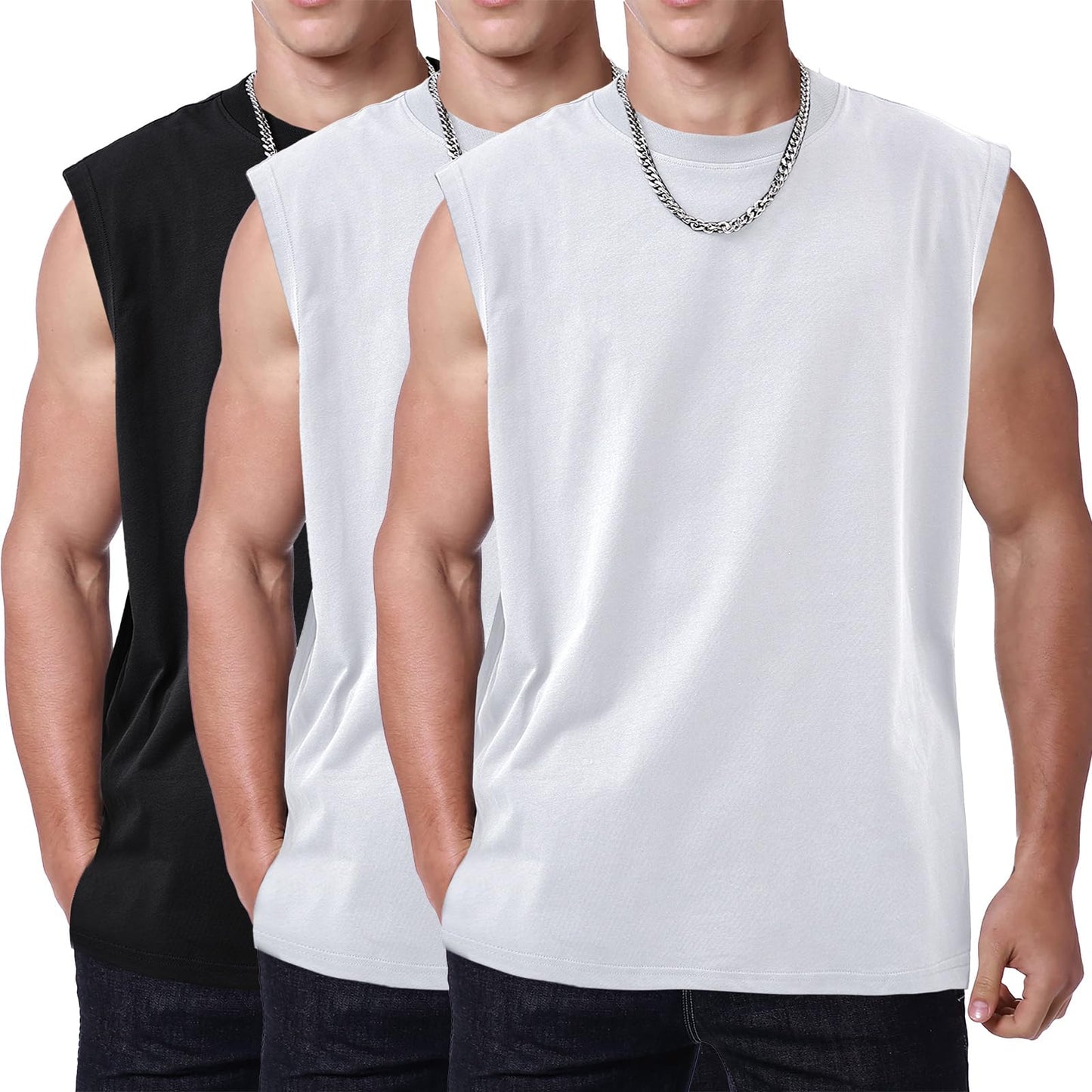 SnowElve 3 Pack Mens Workout Tank Tops Sleeveless Tee Shirts Men Muscle Shirt Gym Cotton T Shirts Running Beach Loose Fit Tee（XZG,BKWTWT,S