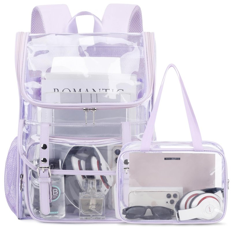 DIGOBAY Clear Backpack with Lunch Bag Set, Leather Clear Backpack Heavy Duty Thick PVC Bookbag Fashion See Through Transparent Backpacks with Support Pad for College Travel Work Purple