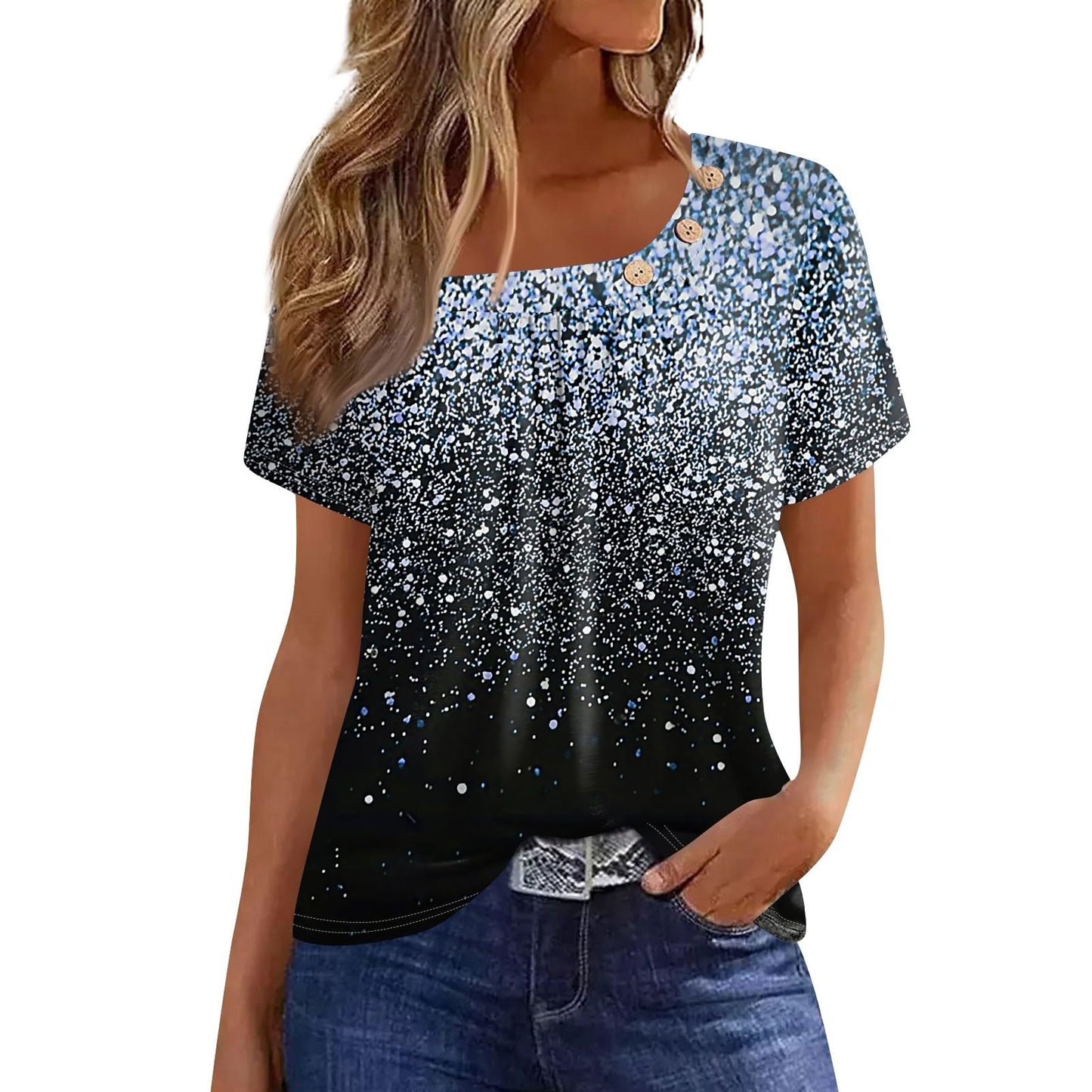 Beautiful Summer Blouse for Ladies Short Sleeve Park Plus Size Print Fit Shirt Crewneck Stretch Polyester Button Tops Ladies Blue