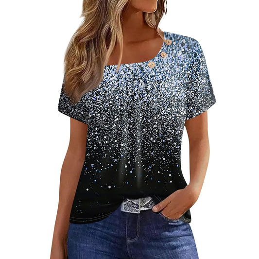 Beautiful Summer Blouse for Ladies Short Sleeve Park Plus Size Print Fit Shirt Crewneck Stretch Polyester Button Tops Ladies Blue