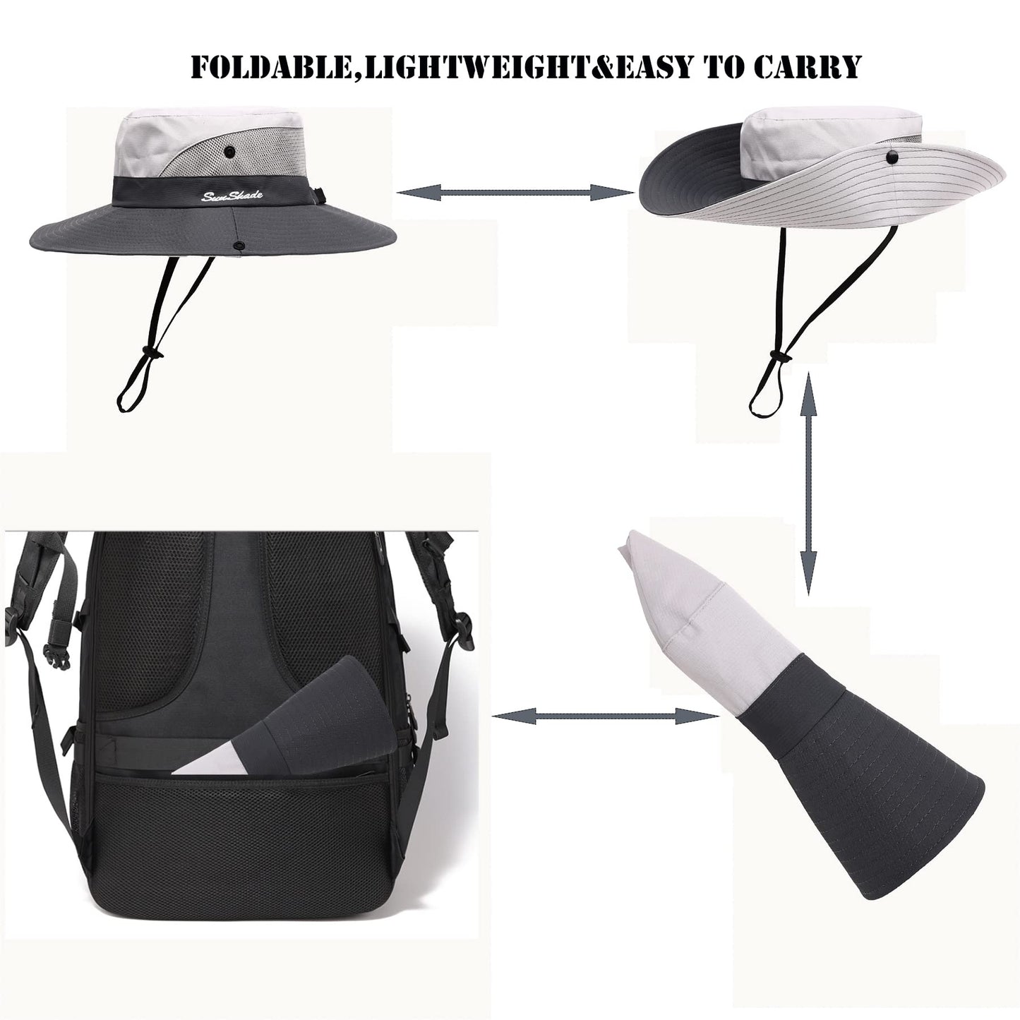 Womens Summer Sun Hat Beach Hat Wide Brim Outdoor UV Protection Hat Foldable Cool Mesh Ponytail Bucket Hat (Light Grey-Grey)