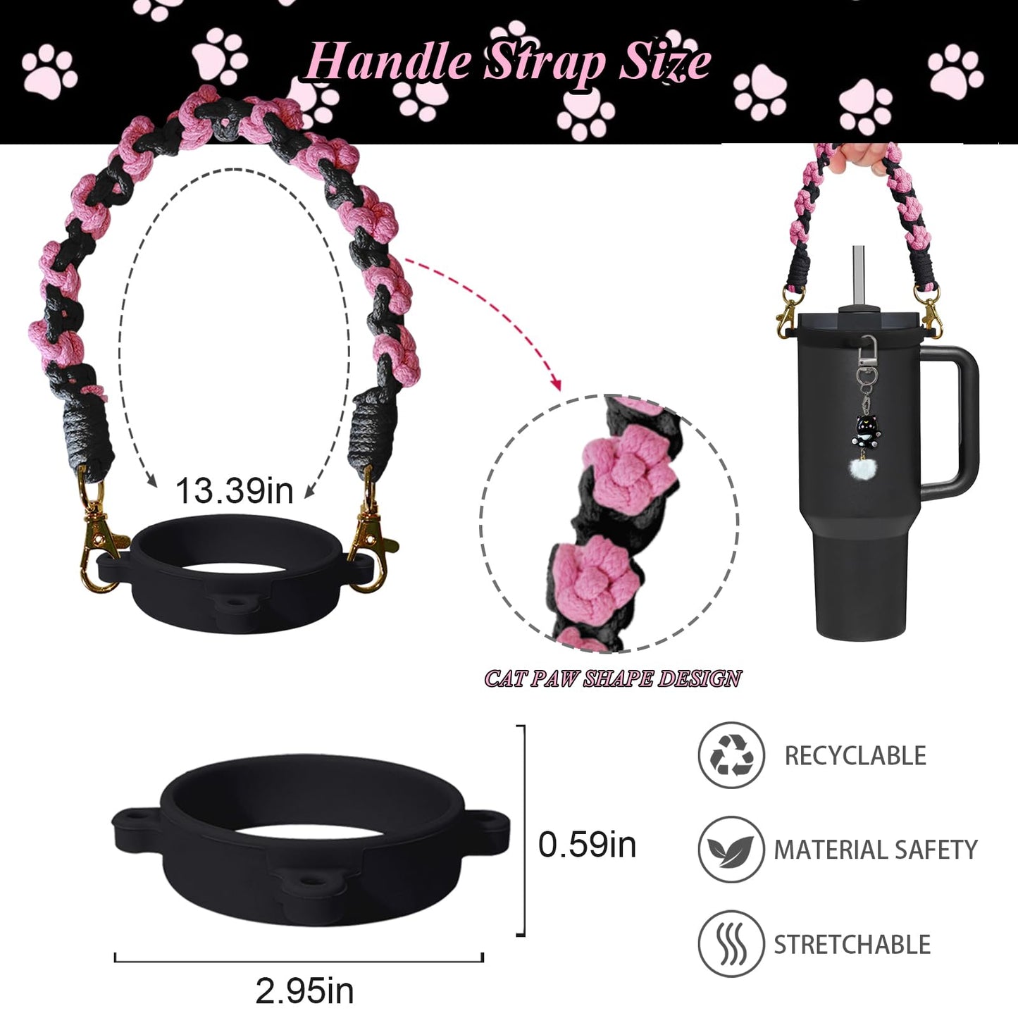 VirgoCCY 6PCS Cute Cat Stanley Cup Accessories Set for Stanley Cup 30oz 40oz, Includes Straw Topper, Siliocne Boot, Water Bottle Handle Strap, Cat Charms, Black