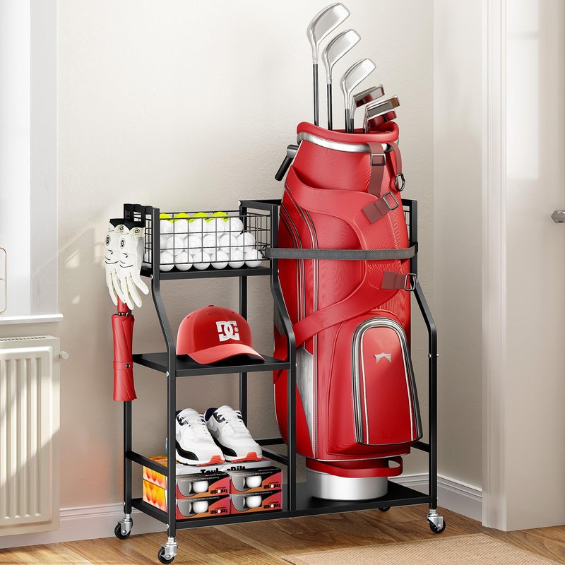 TOOLF Golf Bag Organizer, Golf Club Storage with Wheels, Sturdy Metal Golf Bag Holder Stand for Home, Garage, Outdoor, Includes 4 Storage Sections & Removable Hooks