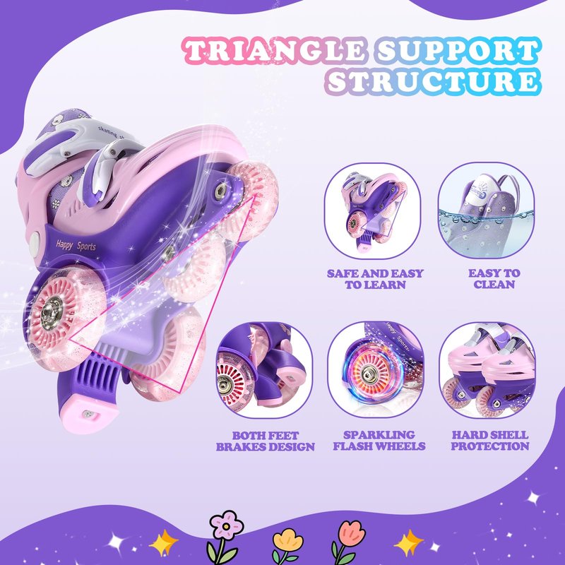 Toddler Roller Skates, 4 Adjustable Sizes, Light-up Wheels, Safety Three-Point Balance, Beginner Skates for Ages 3-8 Girls Boys Kids, Suitable Indoor & Outdoor Use (Pink&Purple, S-Small(11C-1Y US))