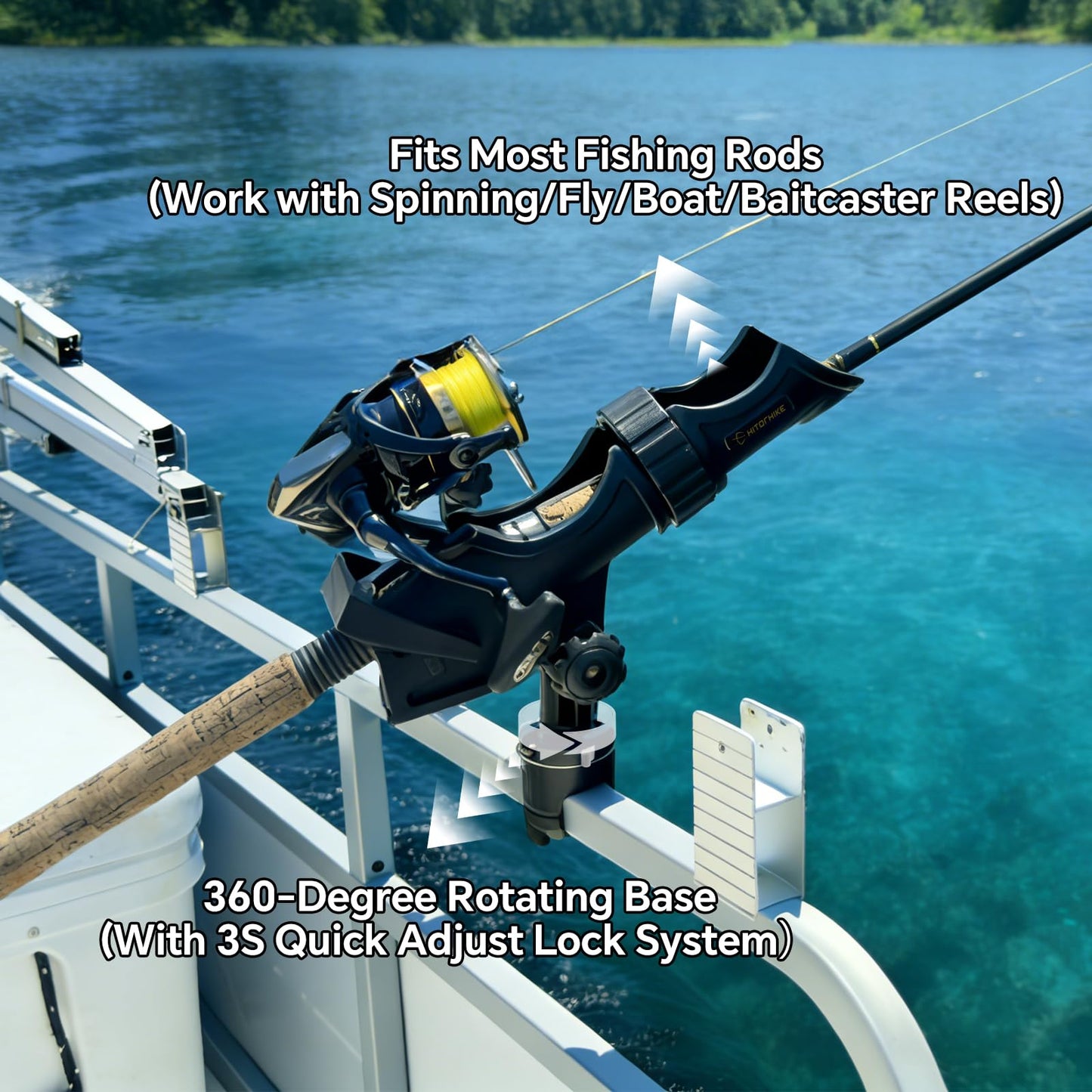 Hitorhike Fishing Rod Holder Universal Fit Kit with Mount Allows for 360-degree Adjustment Kayak Fishing Boat Powerlock Rod Holder (Fishing Rod Holder x2+Round&Square Rail Mount x2)