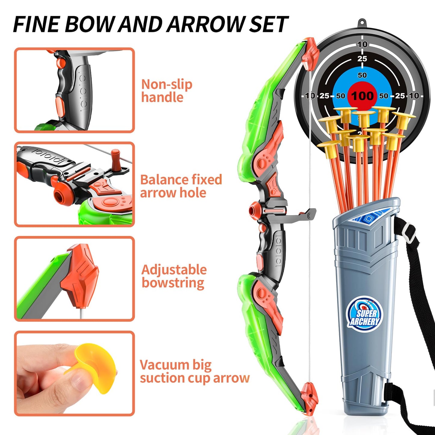 Bow and Arrow Set for Kids - LED Light Up Archery Toy Set - Includes 10 Suction Cup Arrows, Target & Quiver, Indoor & Outdoor Kids Archery Boys Toys