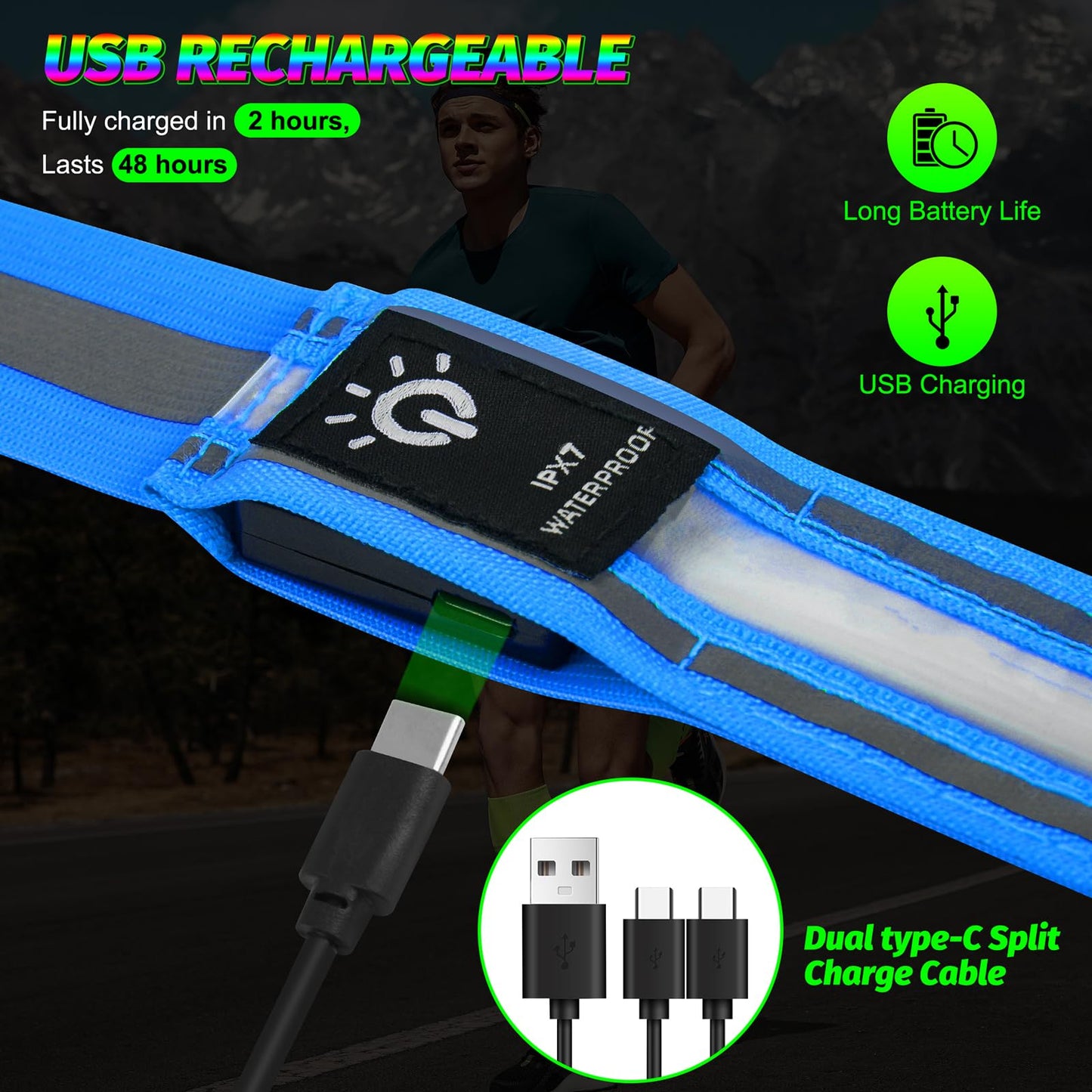 Bighaki808 LED Running Gear High Visibility Reflective Belt Sash, Adjustable Night Walking Safety Gear, Rechargeable Light Up Running Reflective Belt for Runners Walkers Men Women(Blue)