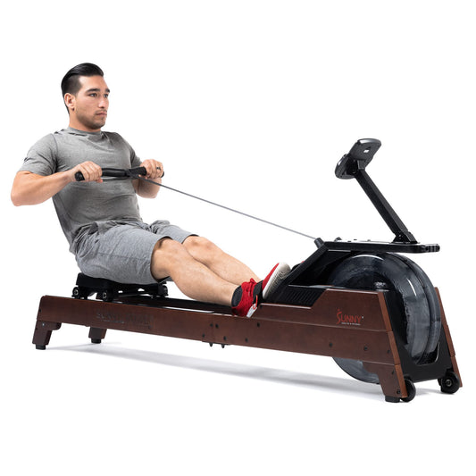 Sunny Health & Fitness Elite Wooden Water Rowing Machine with Vertical Tank, Sustainable Rubberwood & Exclusive SunnyFit® App Enhanced Bluetooth Connectivity – SF-RW522075