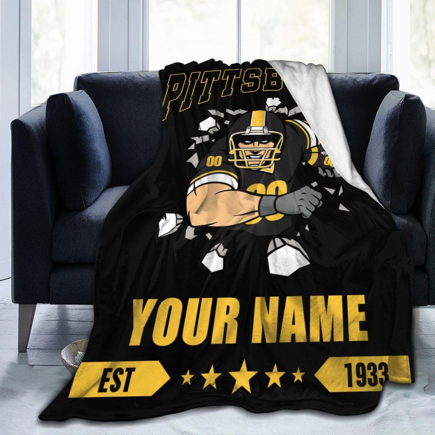 Personalized Pittsburgh Blanket with Name Number Custom Football Throw Blankets Customized Flannel Blanket Fan Gifts for Men Women Boy Decor for Couch, Bed, Sofa 30"x 40",40"x50", 50"x60", 60"x80"