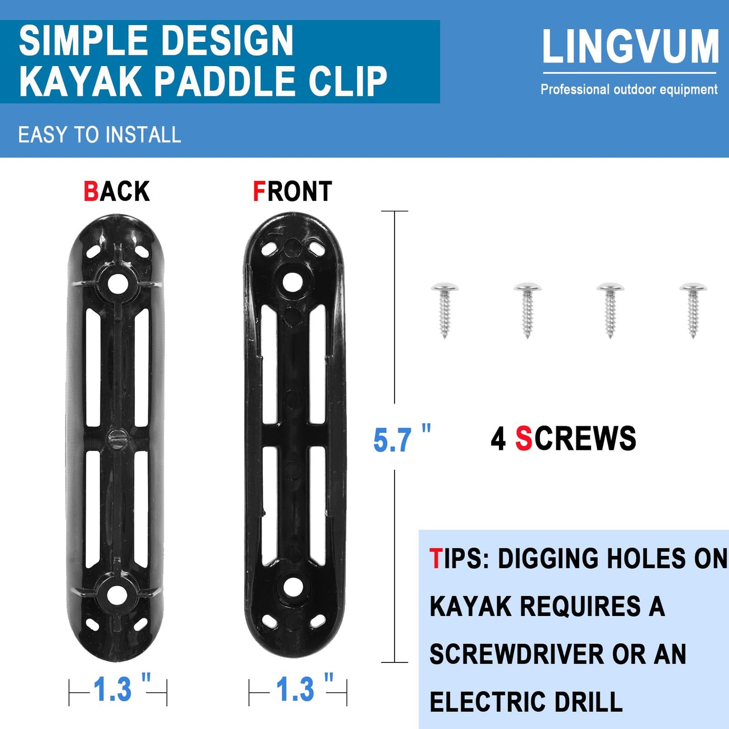 LINGVUM Kayak Paddle Holder Clips (Including Screws), Kayak Accessories, Black (Pack of 2)