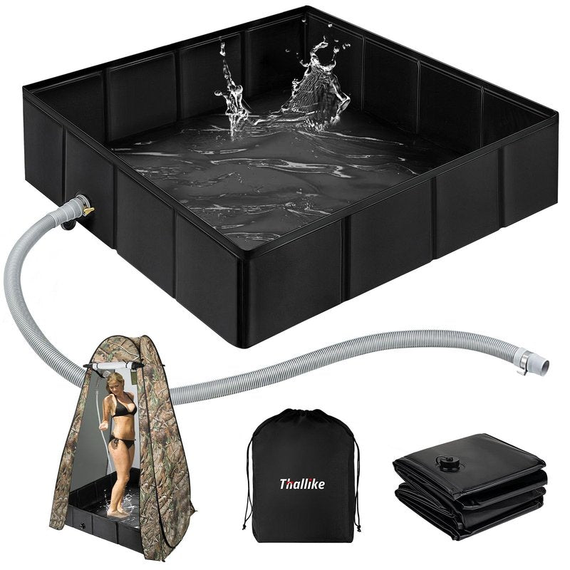 Thallike Upgraded Portable Shower Pan, 41" x 41" x 10" Outdoor Shower Base with Detachable Drain Pipe, Foldable Camping Shower Base for Beach, RV, and Indoor