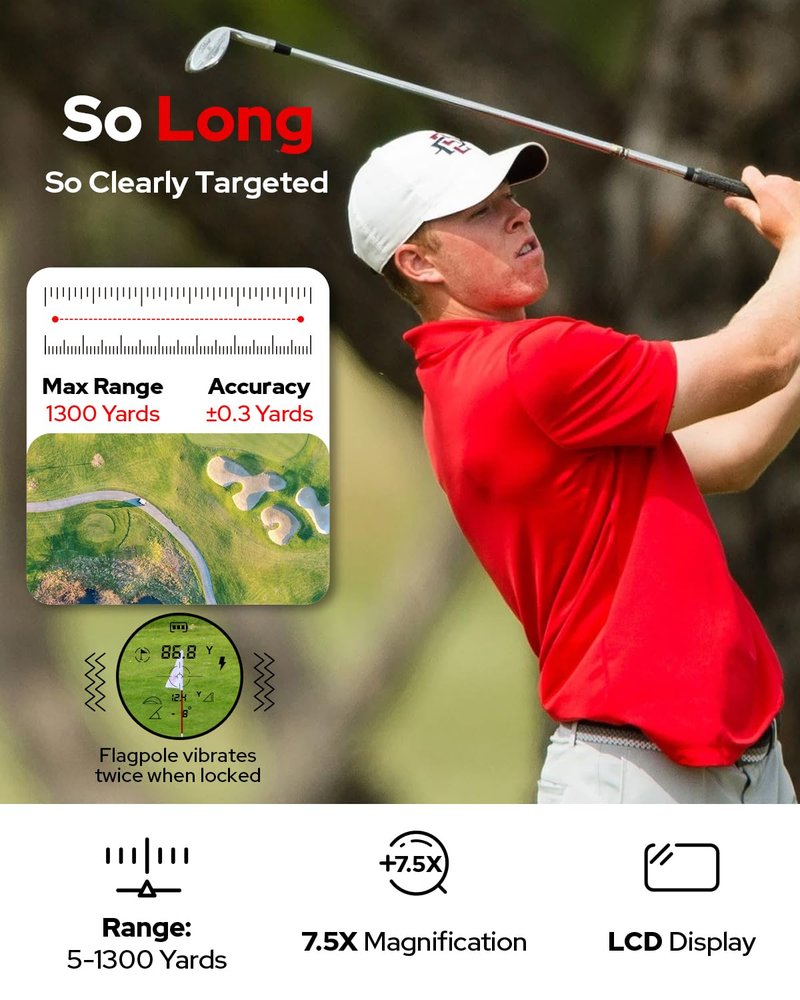 Golf Rangefinder with Slope, 1300 Yards Laser Range Finder Golf, 7.5X Magnification Flag Pole Locking Vibration Rechargeable Range Finders with Magnet Golf Accessories for Men Women Sightflag GF1