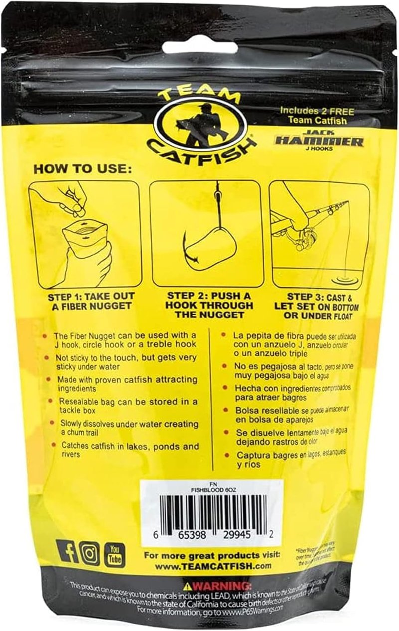 Team Catfish Fiber Nuggets - Baitfish Blood Flavor | 6-Ounce Resealable Bag with 2 Hooks
