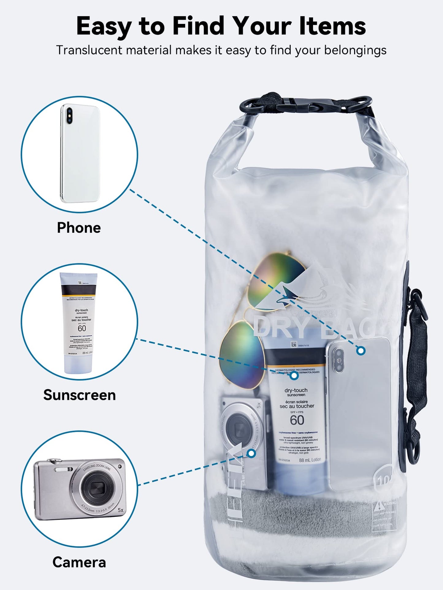 HEETA Dry Bag Waterproof for Women Men, Roll Top Lightweight Dry Storage Bag Backpack with Phone Case for Travel Swimming Boating Kayaking Paddle Board Camping Beach Accessories (White, 10L)