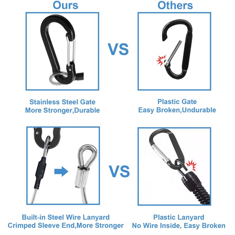Lix&Rix Color Fishing Lanyards Fishing Tool Pole Safety Coiled Lanyards Retractable Wire Inside with Carabiner, 6pcs