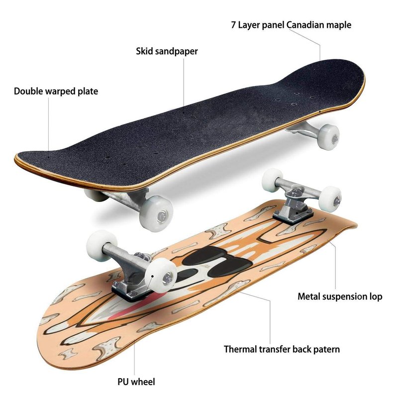 EFTOWEL Skateboards Cool Dog Corgi in Sunglasses Stuck Out his Tongue Classic Concave Skateboard Cool Stuff Teen Gifts Longboard Extreme Sports for Beginners and Professionals