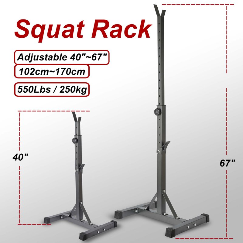 Adjustable Squat Rack Standard 550LBS Capacity 40-66 Inch Solid Steel Squat Stands Barbell Free-press Bench Home Gym Portable Dumbbell Racks Stands (Squat Rack)