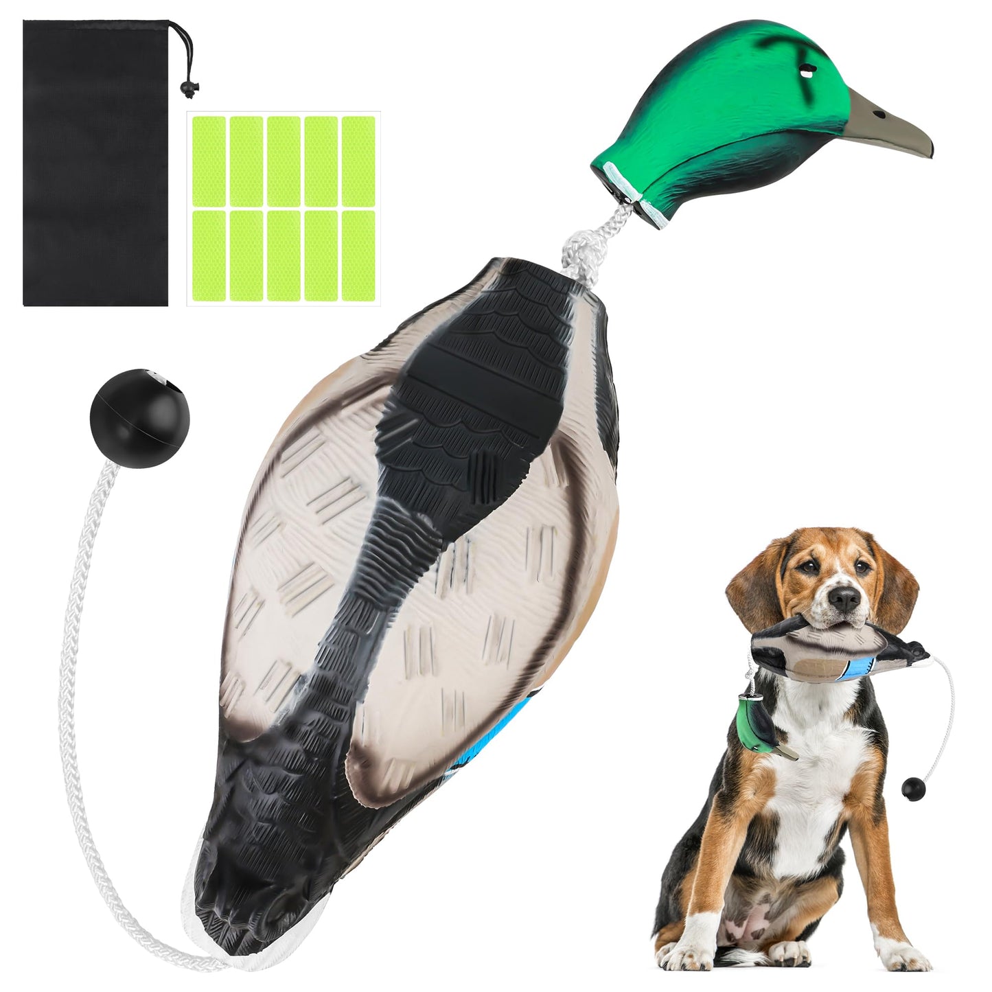 Solaradgy Duck Dummy Bumper for Waterfowl Hunting Retriever Dog Training, Dead Duck Style Floating Scent-Injectable Trainer for Land and Water, Includes Storage Bag & 10 High-Visibility Strips