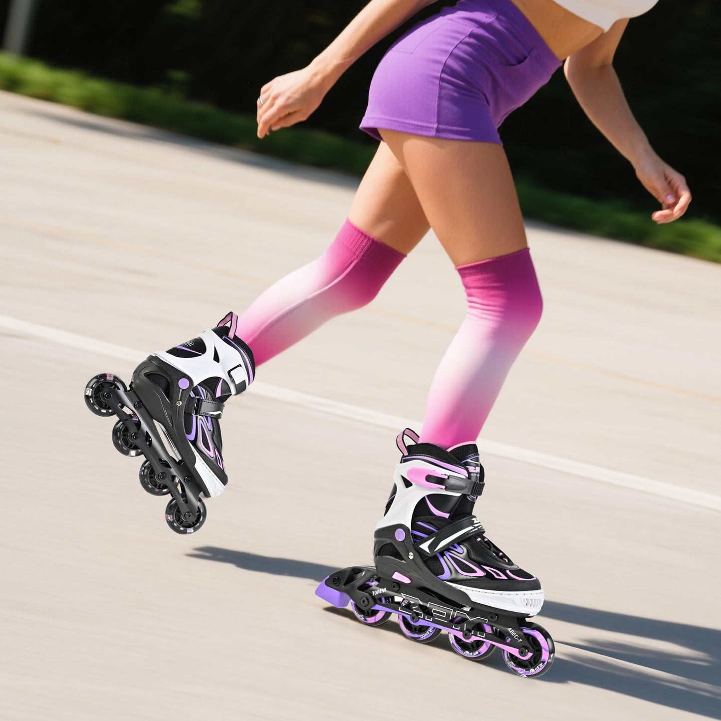 2PM SPORTS Vinal Inline Skates for Girls Boys Kids Ages 5-8 8-12 with Adjustable Illuminating Wheels, Inline Roller Skates for Youth Women Men - Purple Pink Small