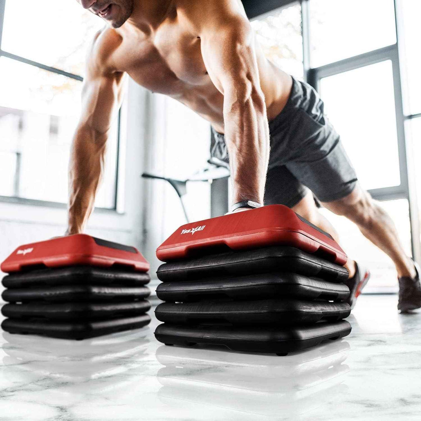 Yes4All 16"x16" Height-Adjustable High Step Aerobic Platform with 4 Risers for Home Gym Exercise Fitness Workout, Cardio and Jumping (Red Black)