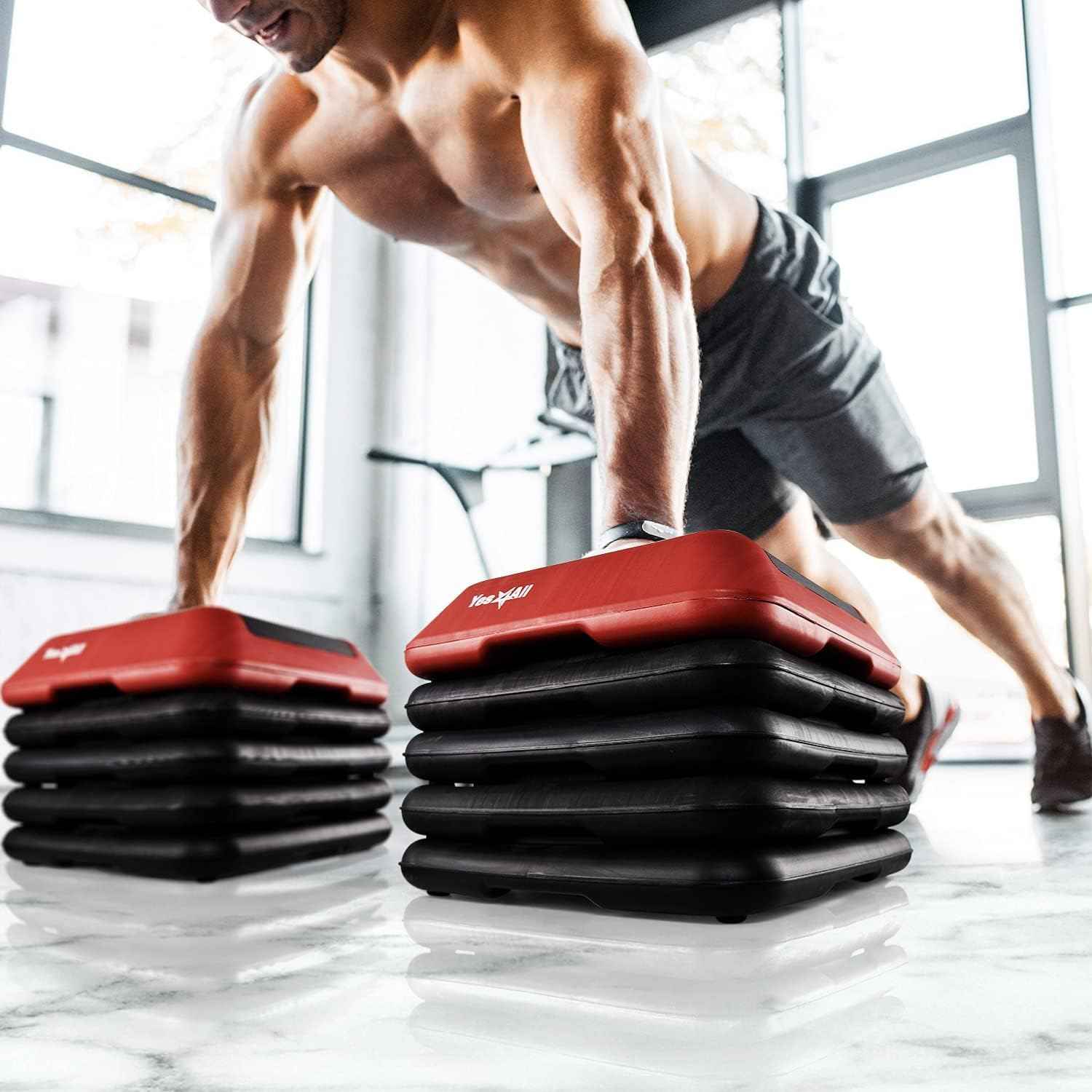 Yes4All 16"x16" Height-Adjustable High Step Aerobic Platform with 4 Risers for Home Gym Exercise Fitness Workout, Cardio and Jumping (Red Black)