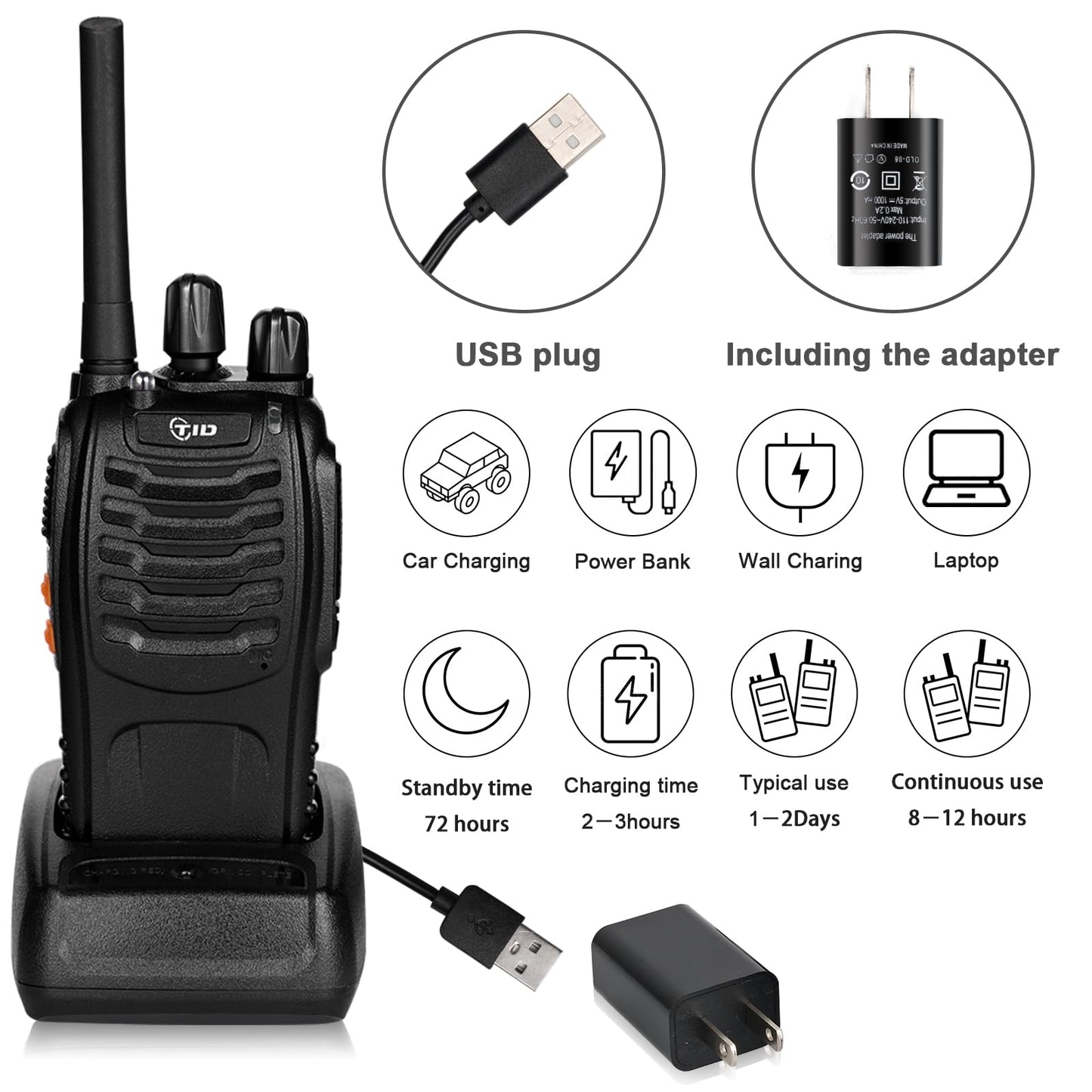 TIDRADIO TD-V2 Walkie Talkies for Adults Long Range, Rechargeable Two Way Radio Earpiece with MIC,16 Channels Handheld Walkie-Walkie(2 Pack, Black)