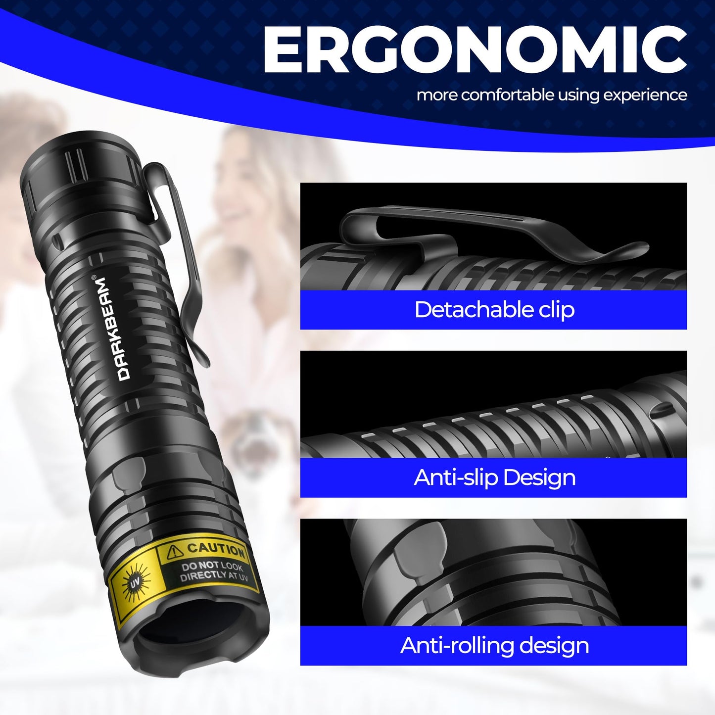 DARKBEAM UV Flashlight 365nm Blacklight LED Black Light, Mini but Powerful Woods Lamp Rechargeable Ultraviolet Flashlights USB -C, Pet Cat Urine Detector, for Uranium Glass, Rock, Resin Curing