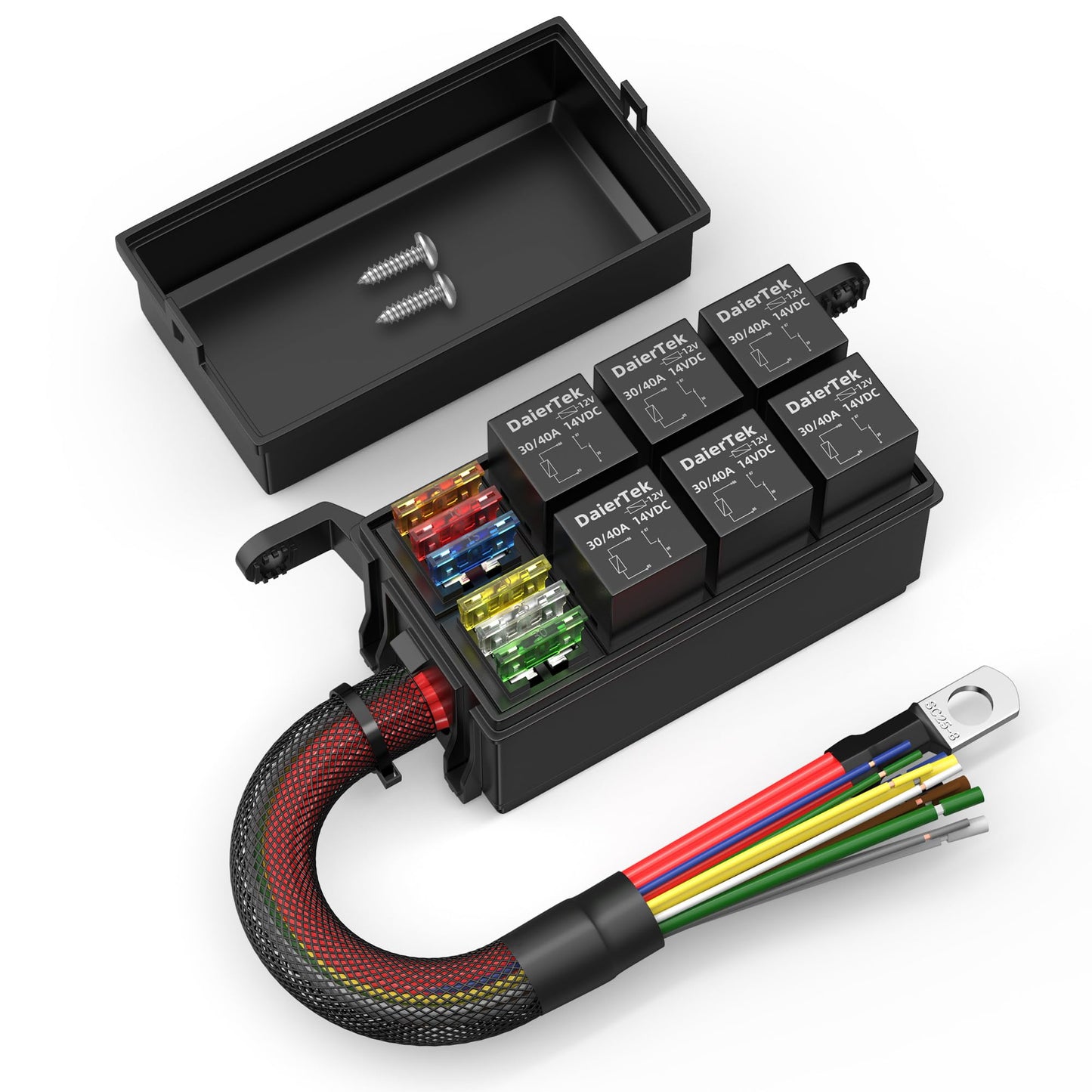 DaierTek 12V Relay Box 6 Way12 AWG Pre-Wired Waterproof Relay Box 6 Slot ATC/ATO Fuse Relay Block Universal Relay Panel for Automotive Car Marine Boat